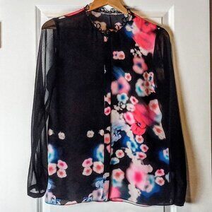 Elie Tahari Black Floral Crochet Trim Silk Blouse